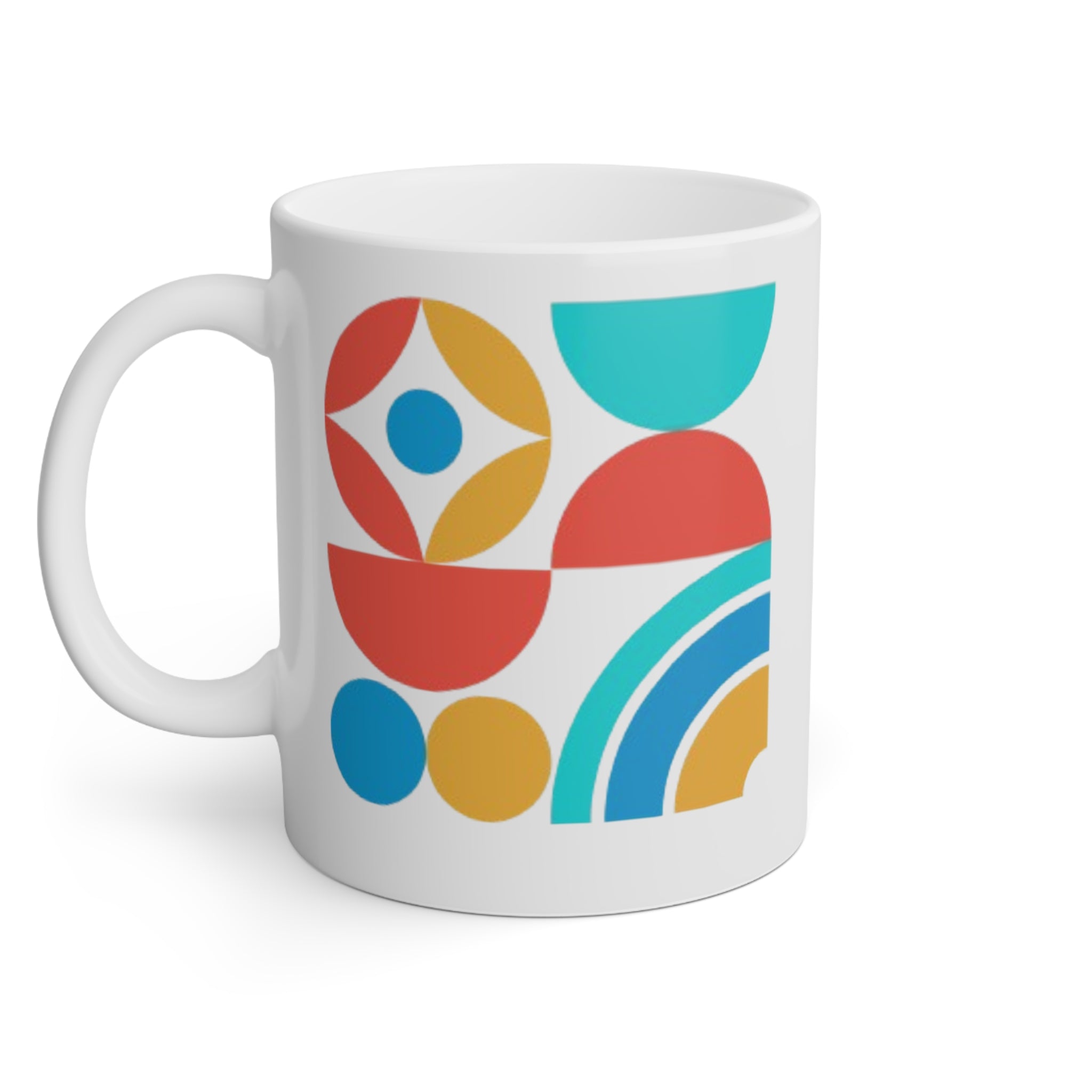 Tazza (Mug) in ceramica bianca 330 ml con disegno geometrico cerchi.Design originale e resistente al microonde tazza in ceramica con manico comodo.