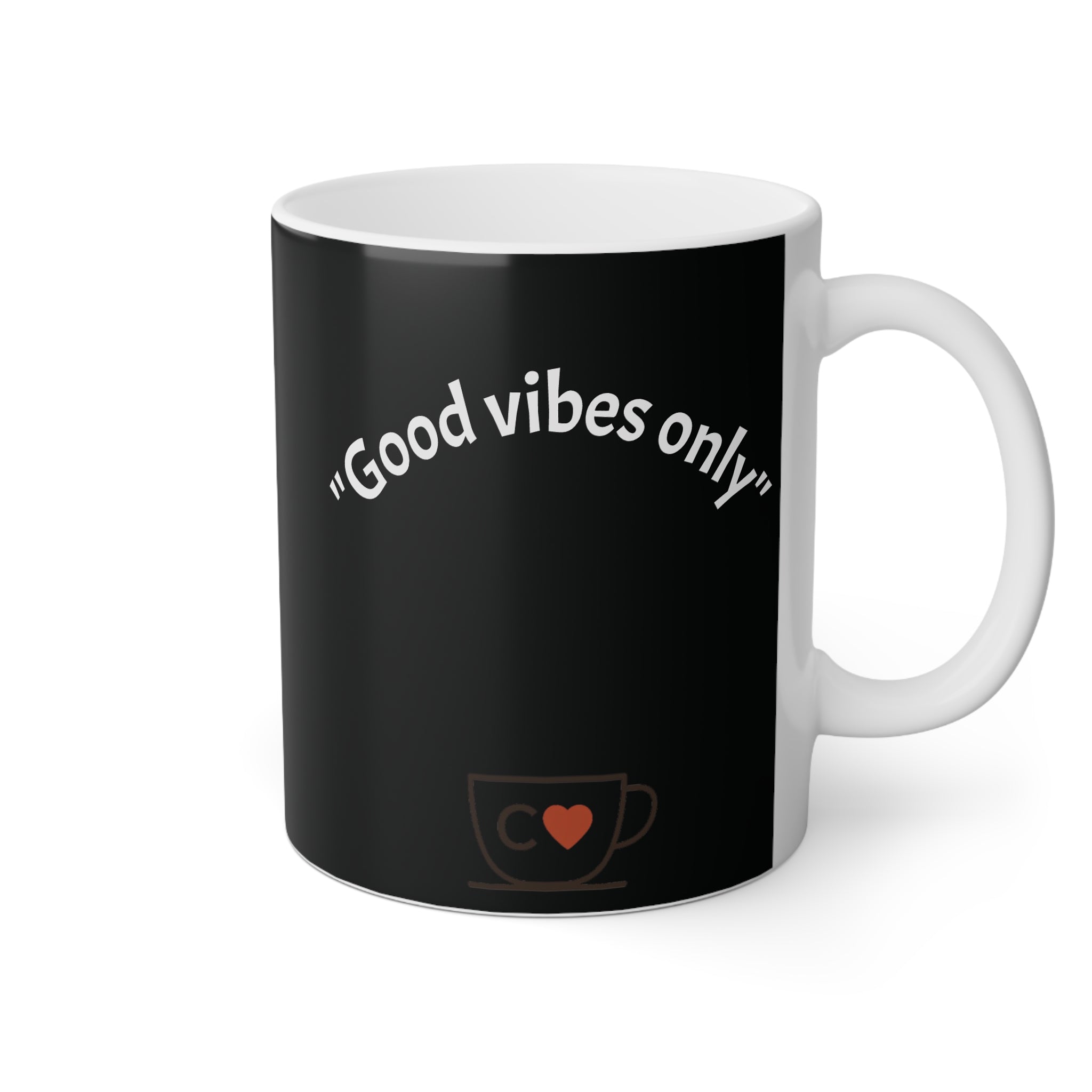 Tazza (Mug) in ceramica bianca su stampa nera con scritta good vibes only 330 ml con disegno geometrico colorato