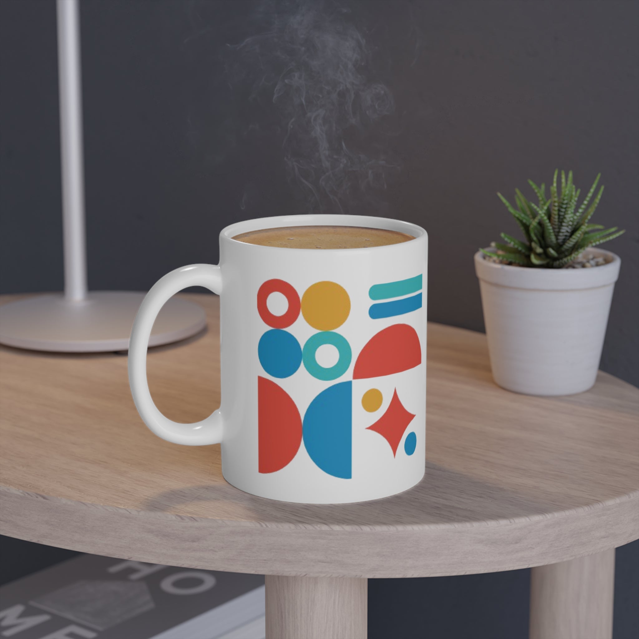Mug  in ceramica bianca 330 ml con design geometrico., tè e tisane.Mug in ceramica con manico comodo. con scritta good vibes only