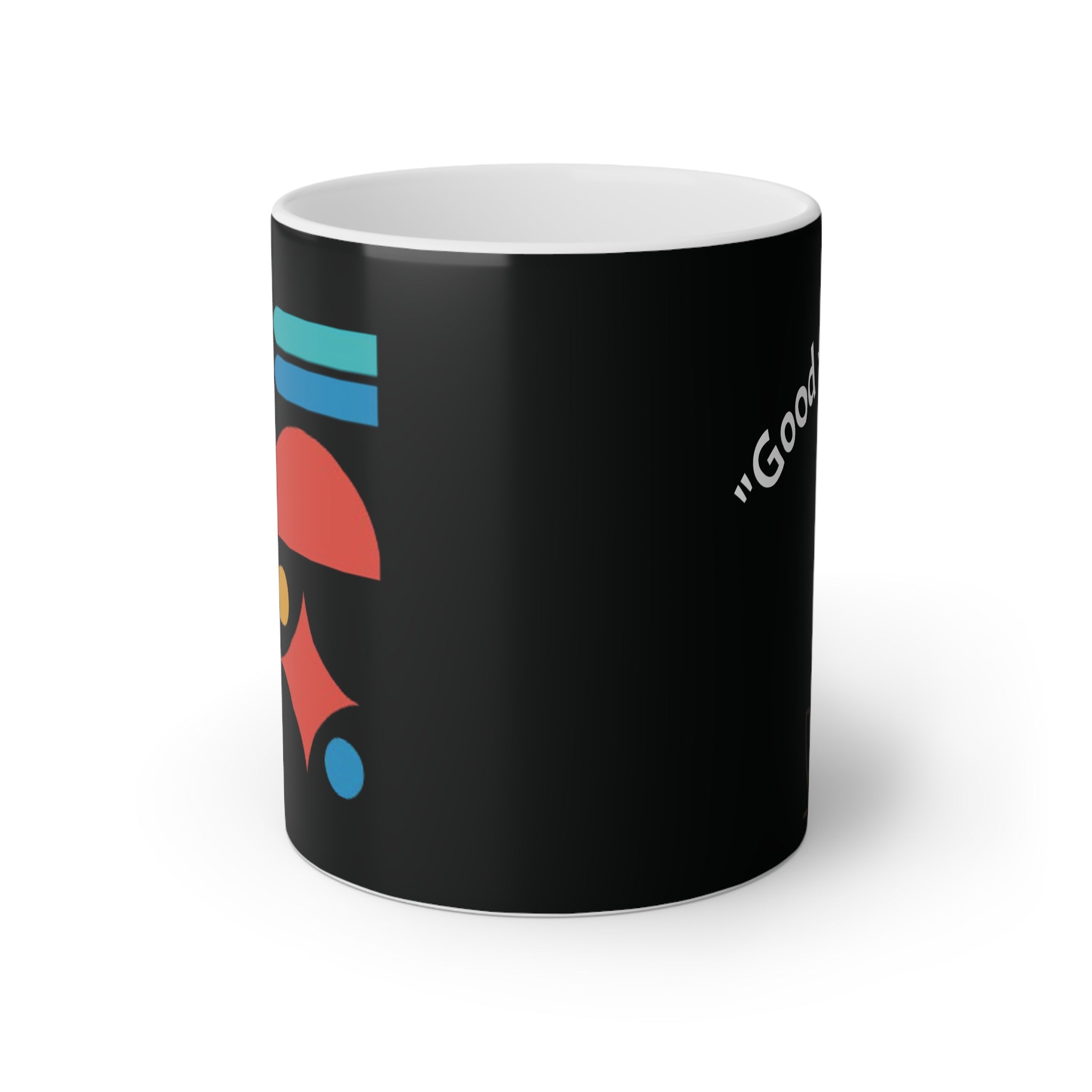 Tazza (Mug) in ceramica bianca su stampa nera con scritta good vibes only 330 ml con disegno geometrico colorato